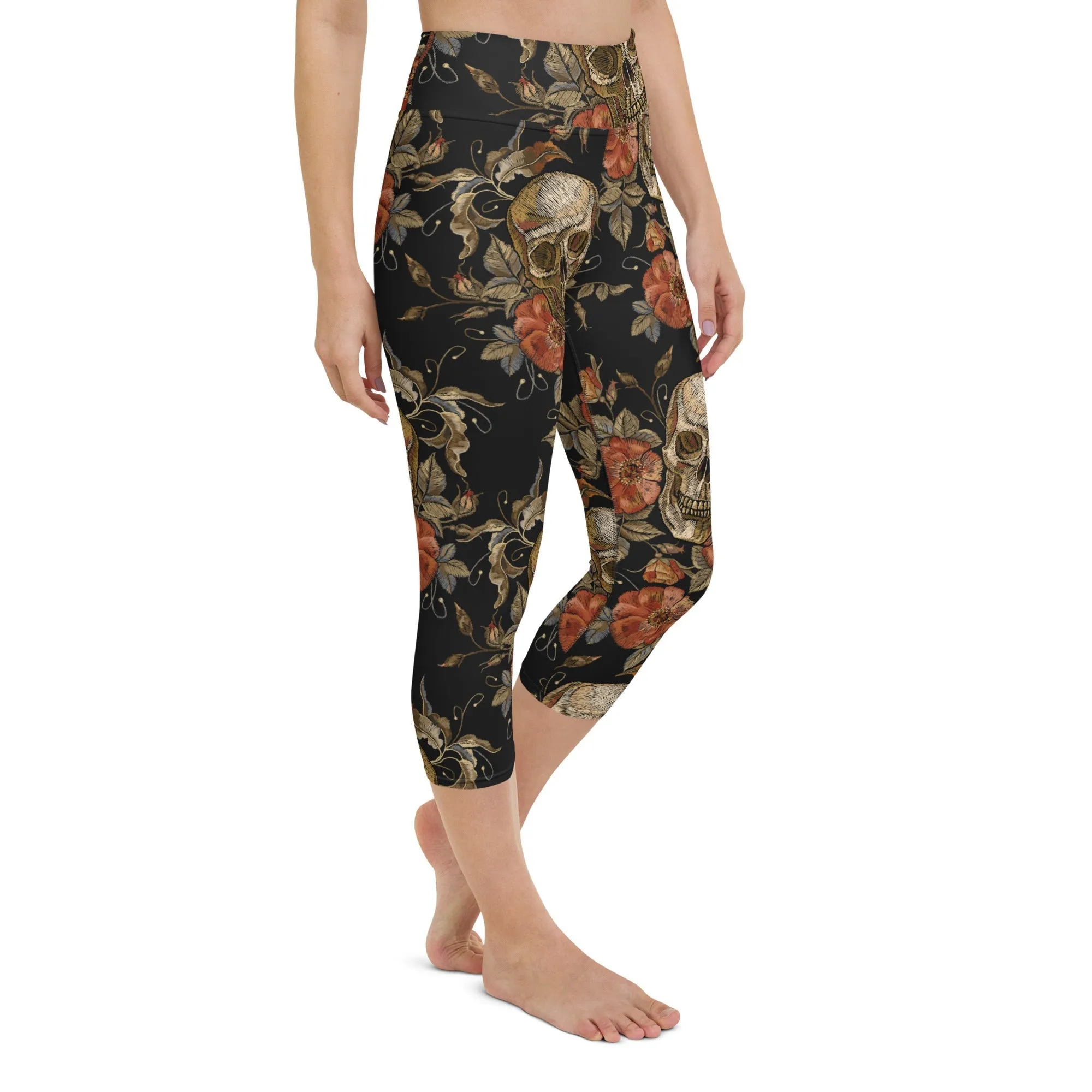 Embroidery Print Skull Yoga Capris