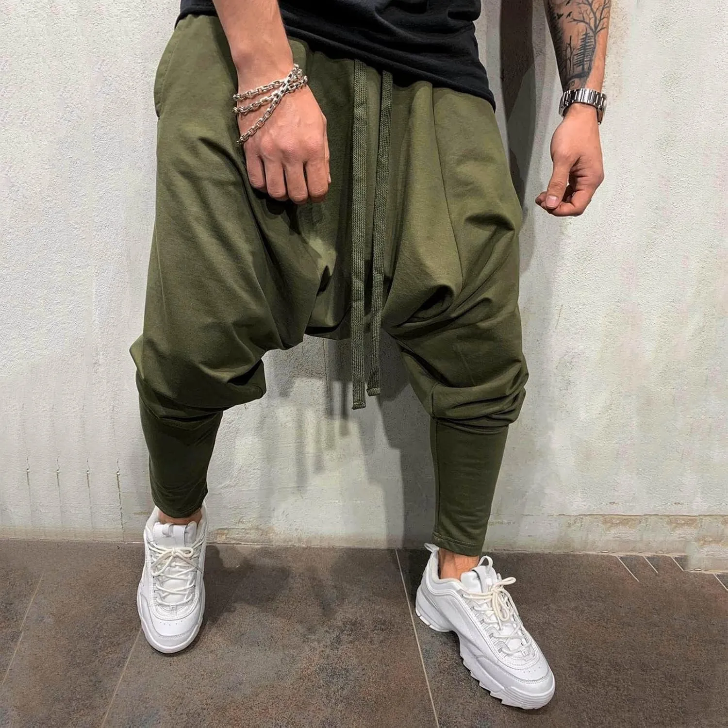 Mens Casual Cotton Harem Pants Streetwear Boho Hippie Drop Crotch Trousers for Men Lightweight Drawstring Yoga Pants
