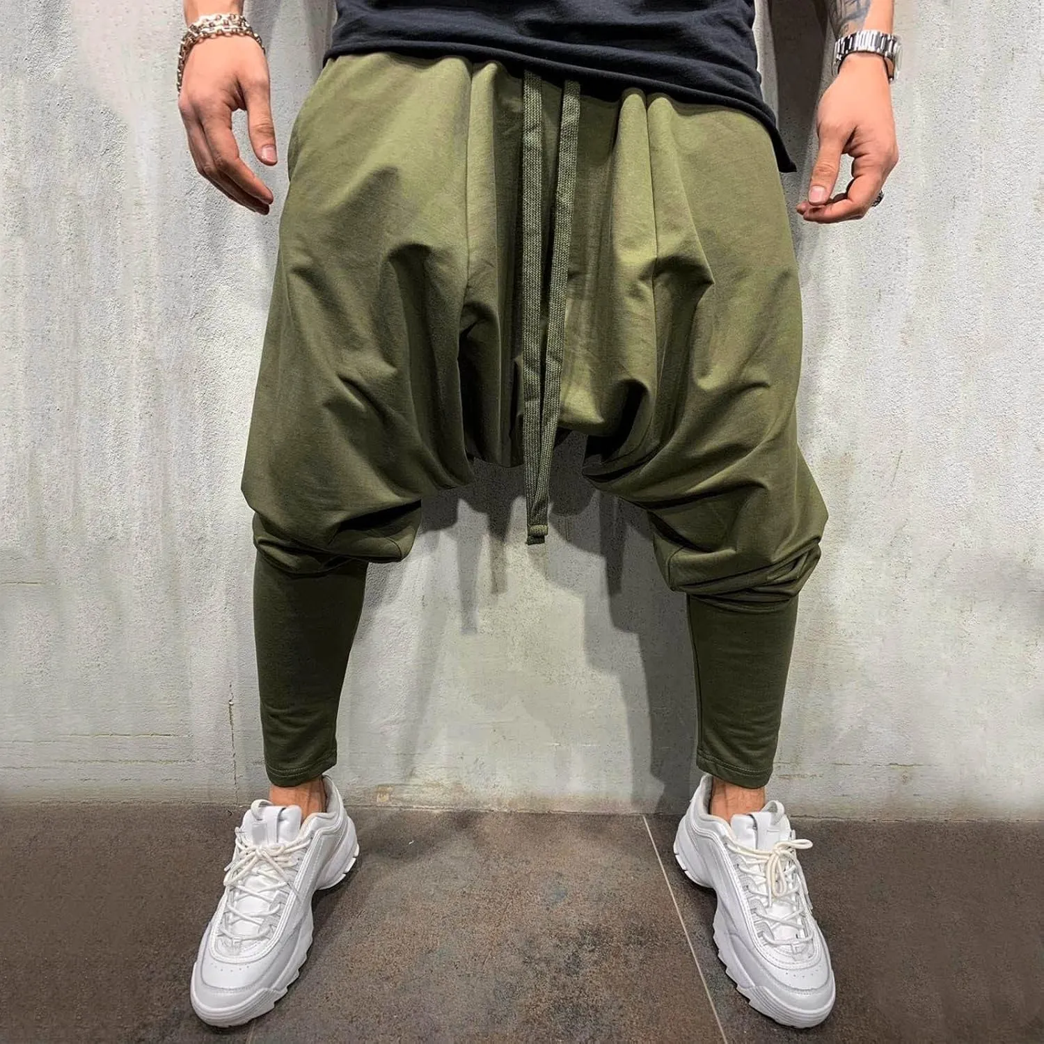 Mens Casual Cotton Harem Pants Streetwear Boho Hippie Drop Crotch Trousers for Men Lightweight Drawstring Yoga Pants