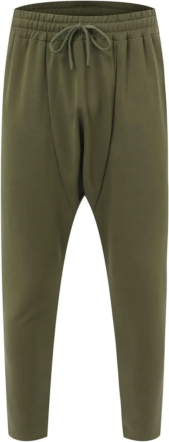 Mens Casual Cotton Harem Pants Streetwear Boho Hippie Drop Crotch Trousers for Men Lightweight Drawstring Yoga Pants