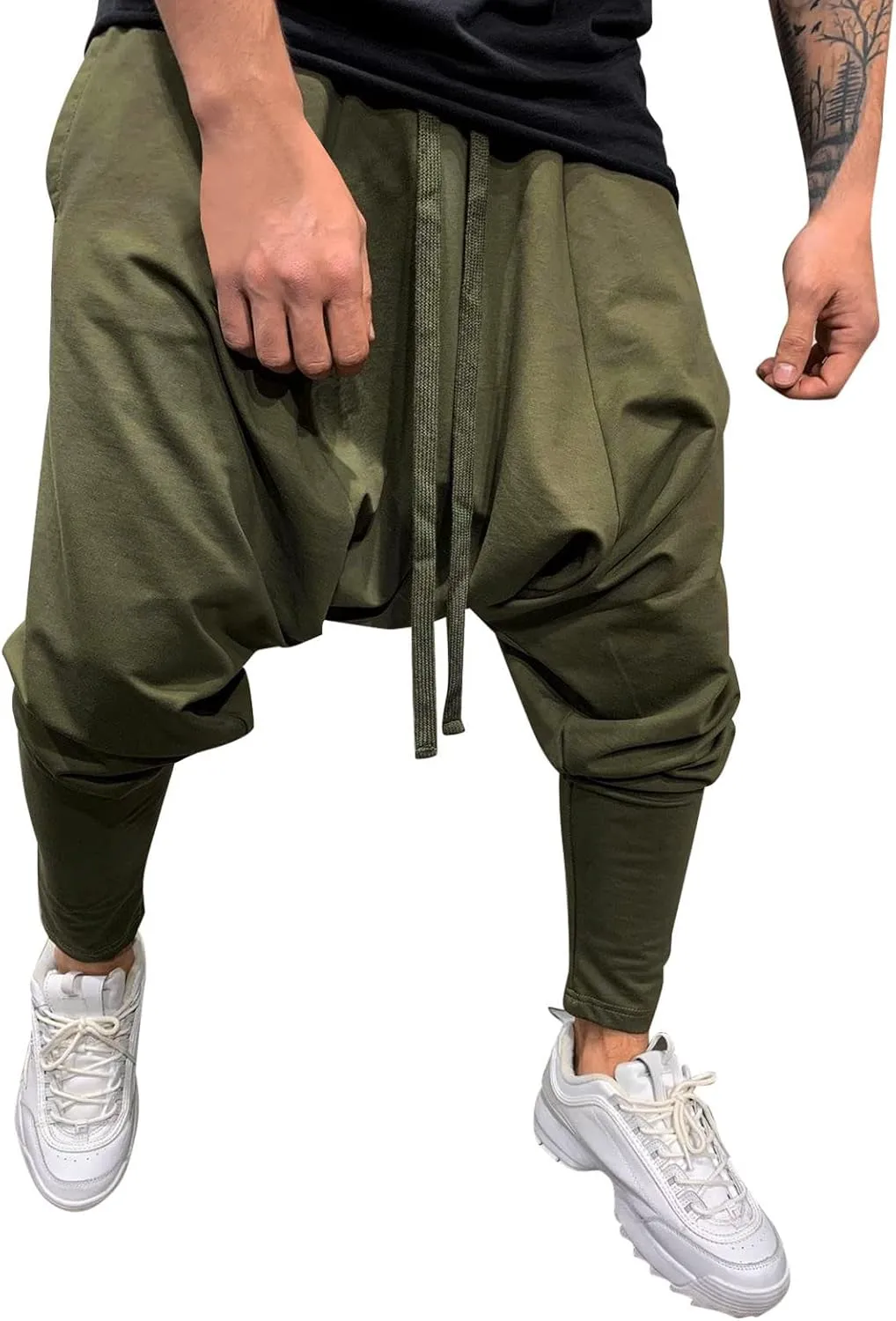 Mens Casual Cotton Harem Pants Streetwear Boho Hippie Drop Crotch Trousers for Men Lightweight Drawstring Yoga Pants