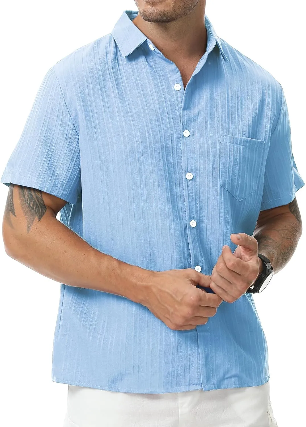 Mens Casual Short Sleeve Shirt Relaxed Button Down Summer Vacation Beach Textured Lightweight Wrinkle Free Shirt