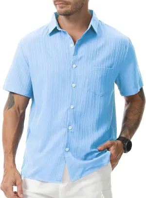 Mens Casual Short Sleeve Shirt Relaxed Button Down Summer Vacation Beach Textured Lightweight Wrinkle Free Shirt