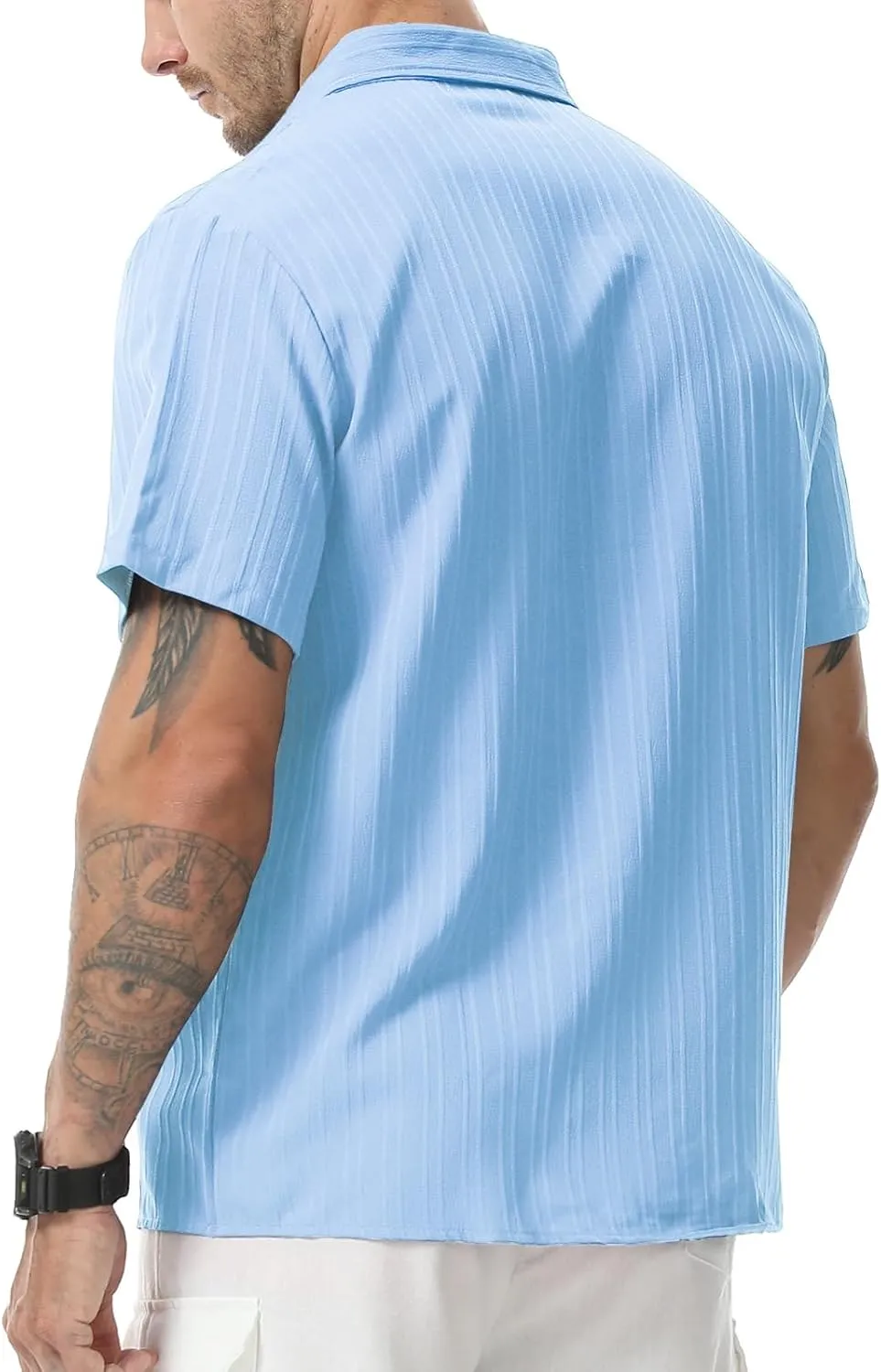 Mens Casual Short Sleeve Shirt Relaxed Button Down Summer Vacation Beach Textured Lightweight Wrinkle Free Shirt