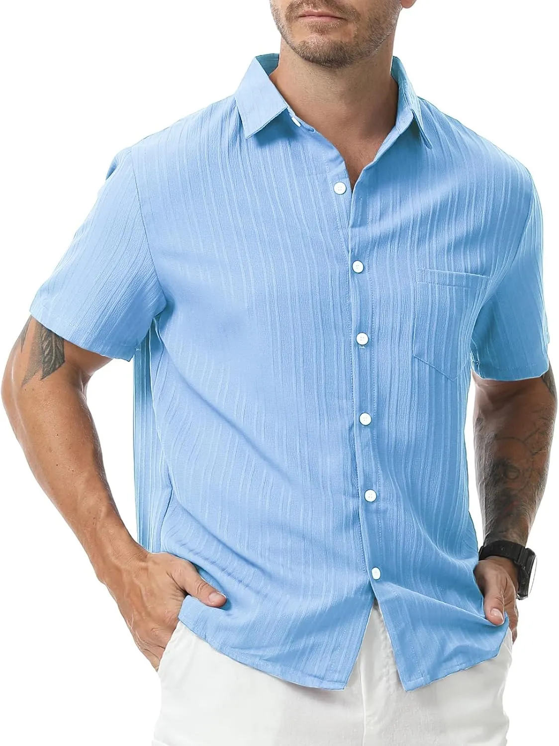 Mens Casual Short Sleeve Shirt Relaxed Button Down Summer Vacation Beach Textured Lightweight Wrinkle Free Shirt