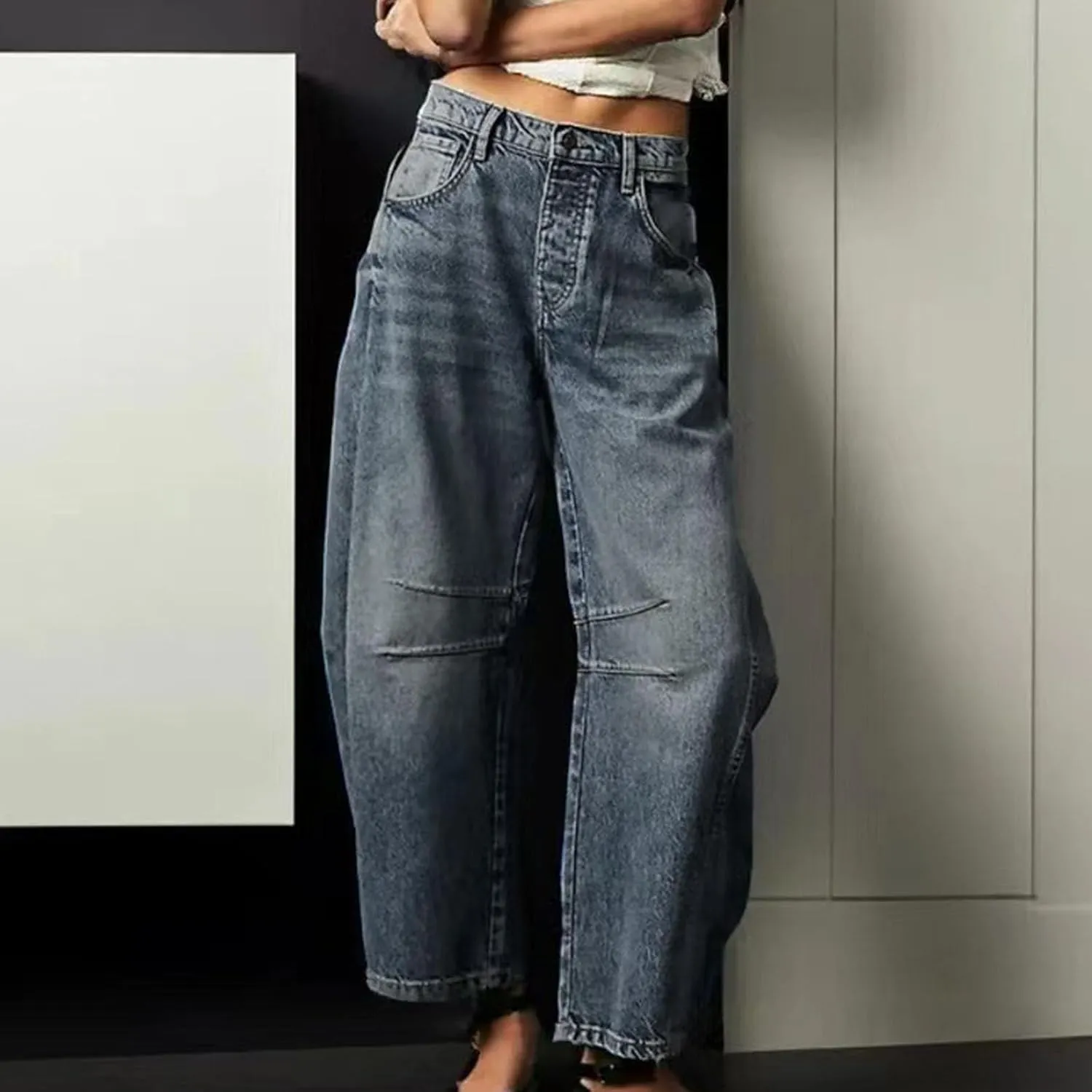 Women's Casual Jeans Elastic Waist Front Button Wide Leg Harem Trousers Fashion Loose Fit Comfy Street Hip Hip Pants
