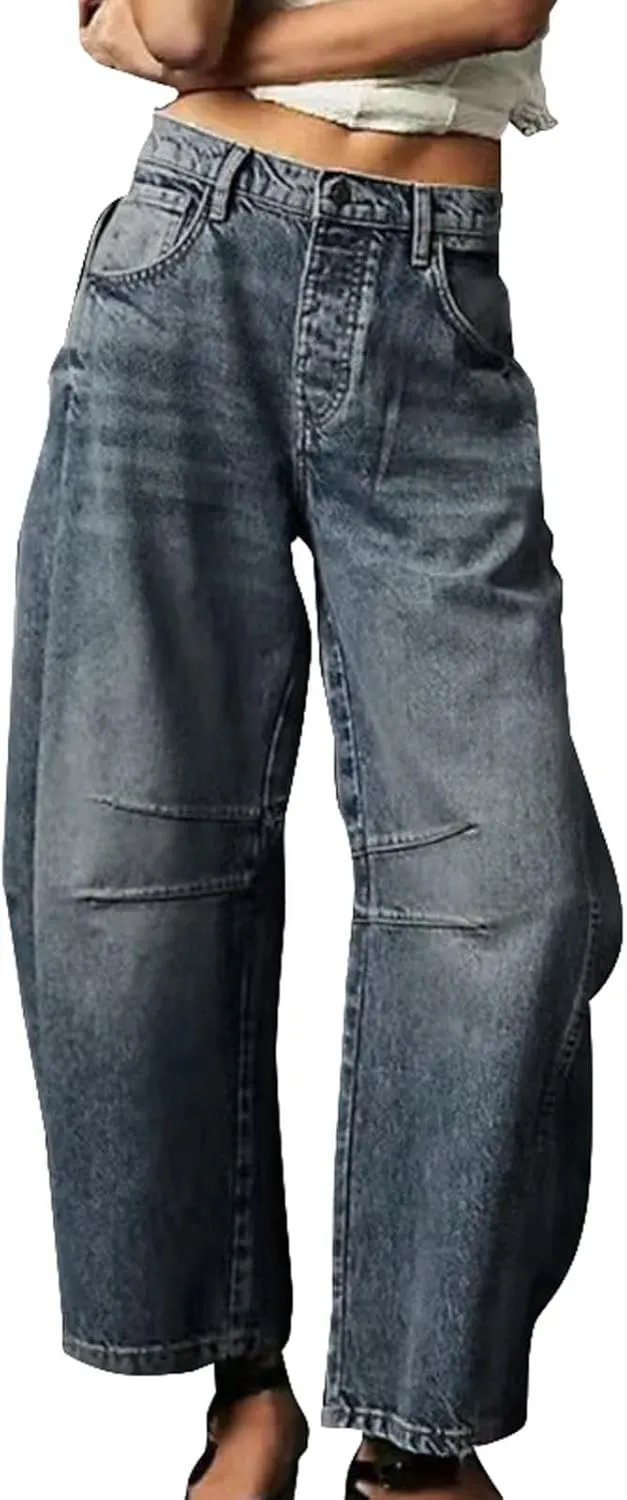 Women's Casual Jeans Elastic Waist Front Button Wide Leg Harem Trousers Fashion Loose Fit Comfy Street Hip Hip Pants