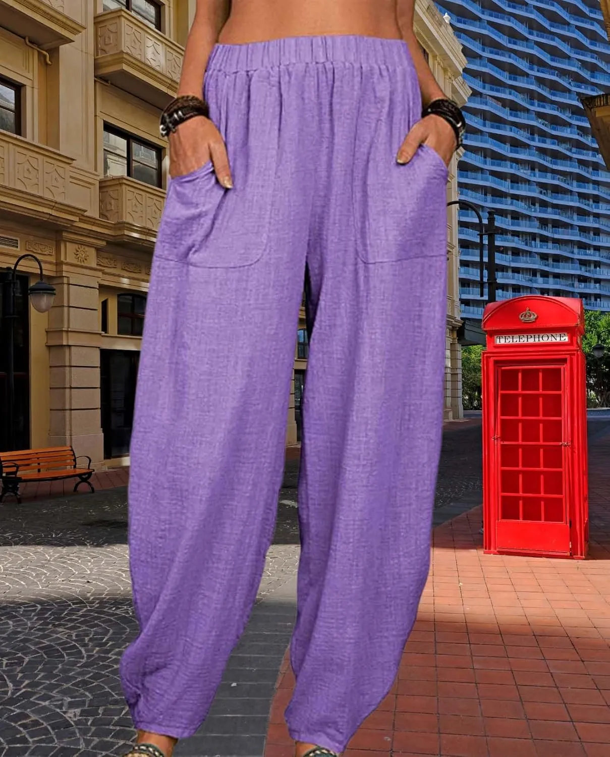 Womens Cotton Linen Harem Pants Lightweight Elastic Waist Wide Leg Yoga Pants Casual Loose Fit Trousers with Pockets