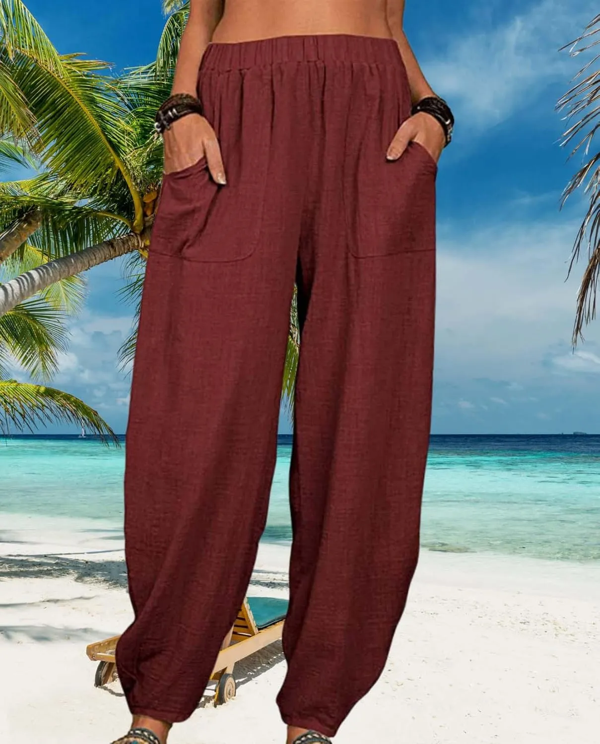 Womens Cotton Linen Harem Pants Lightweight Elastic Waist Wide Leg Yoga Pants Casual Loose Fit Trousers with Pockets