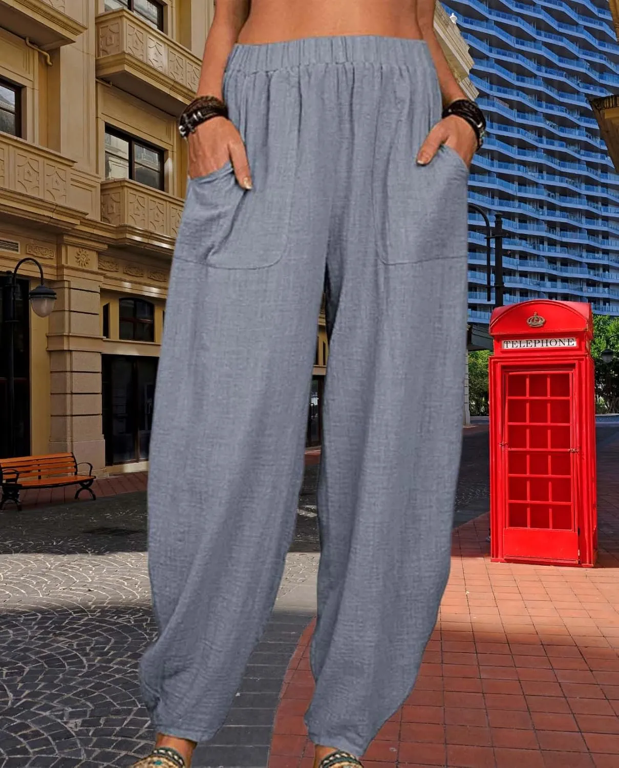 Womens Cotton Linen Harem Pants Lightweight Elastic Waist Wide Leg Yoga Pants Casual Loose Fit Trousers with Pockets