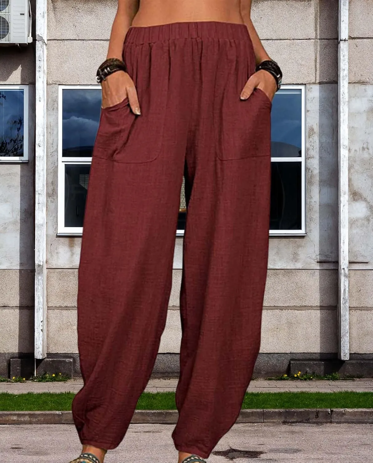 Womens Cotton Linen Harem Pants Lightweight Elastic Waist Wide Leg Yoga Pants Casual Loose Fit Trousers with Pockets