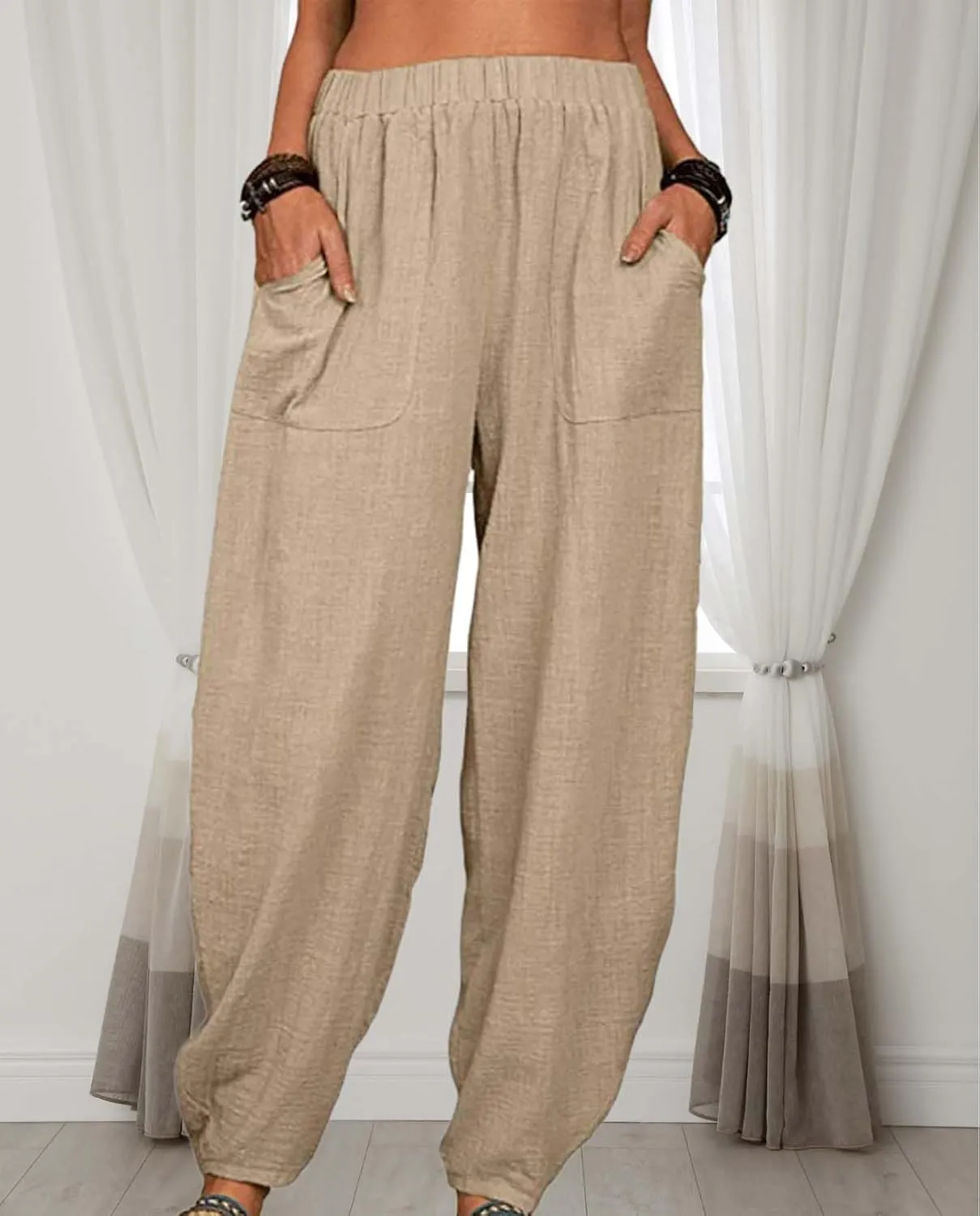 Womens Cotton Linen Harem Pants Lightweight Elastic Waist Wide Leg Yoga Pants Casual Loose Fit Trousers with Pockets