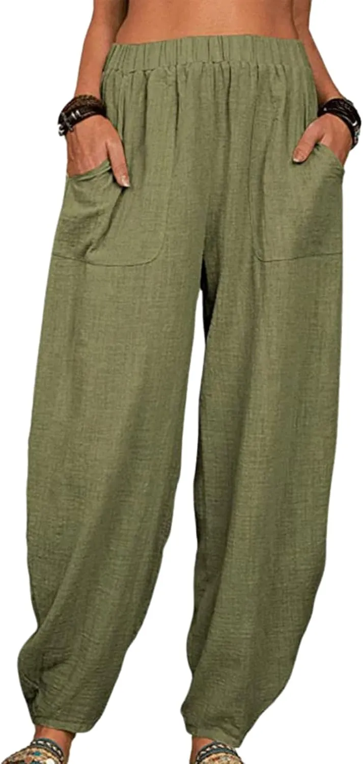 Womens Cotton Linen Harem Pants Lightweight Elastic Waist Wide Leg Yoga Pants Casual Loose Fit Trousers with Pockets