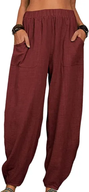 Womens Cotton Linen Harem Pants Lightweight Elastic Waist Wide Leg Yoga Pants Casual Loose Fit Trousers with Pockets