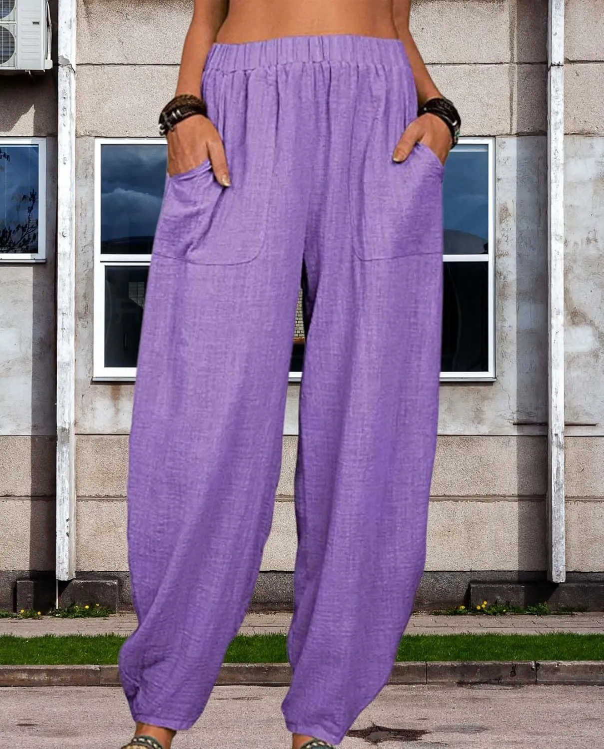 Womens Cotton Linen Harem Pants Lightweight Elastic Waist Wide Leg Yoga Pants Casual Loose Fit Trousers with Pockets