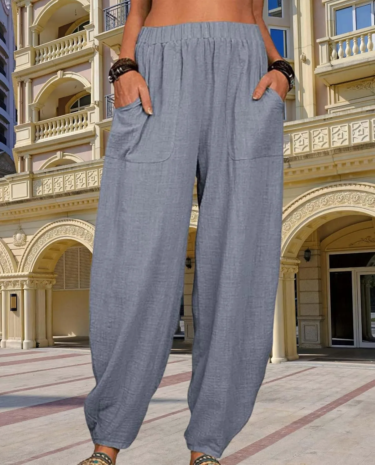 Womens Cotton Linen Harem Pants Lightweight Elastic Waist Wide Leg Yoga Pants Casual Loose Fit Trousers with Pockets