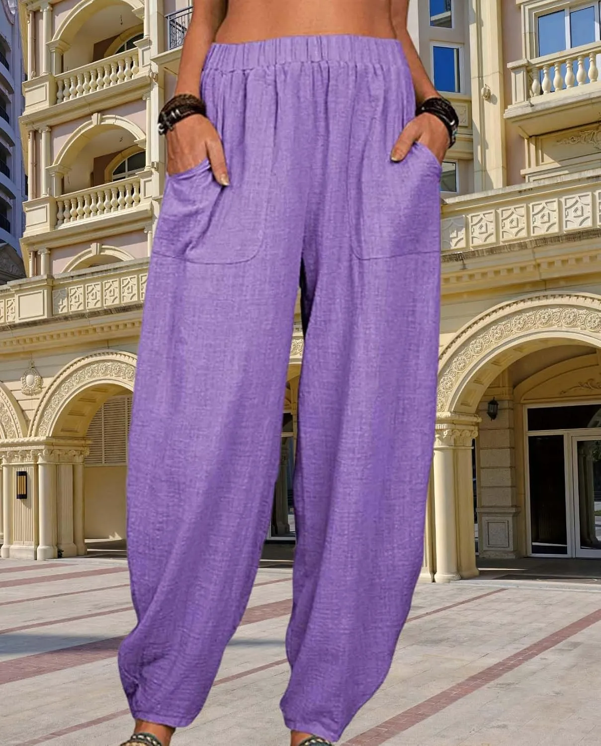 Womens Cotton Linen Harem Pants Lightweight Elastic Waist Wide Leg Yoga Pants Casual Loose Fit Trousers with Pockets