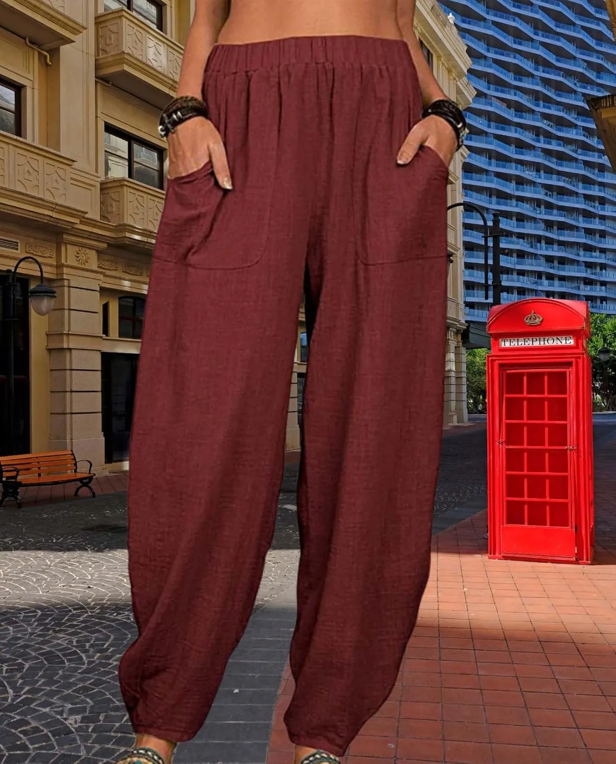Womens Cotton Linen Harem Pants Lightweight Elastic Waist Wide Leg Yoga Pants Casual Loose Fit Trousers with Pockets