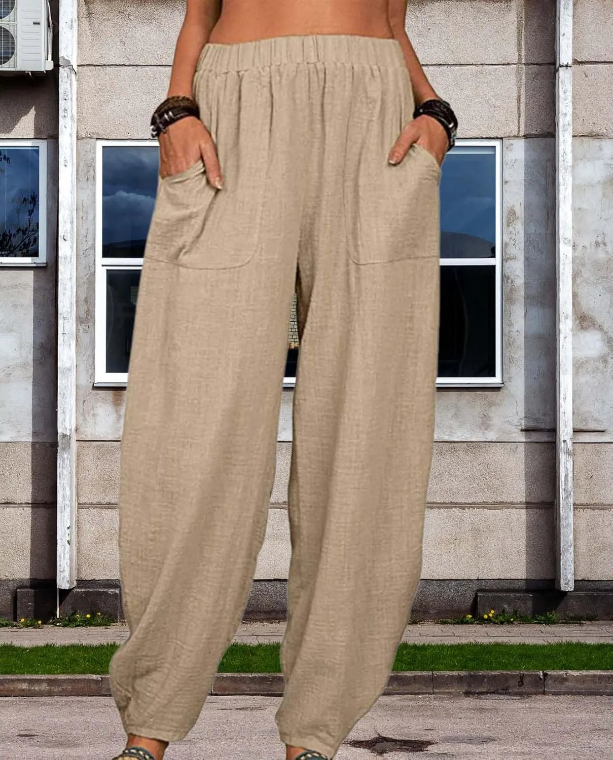Womens Cotton Linen Harem Pants Lightweight Elastic Waist Wide Leg Yoga Pants Casual Loose Fit Trousers with Pockets