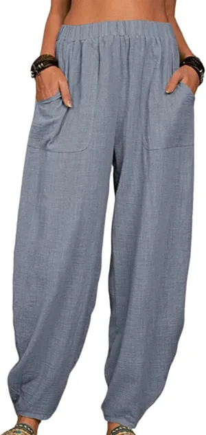 Womens Cotton Linen Harem Pants Lightweight Elastic Waist Wide Leg Yoga Pants Casual Loose Fit Trousers with Pockets