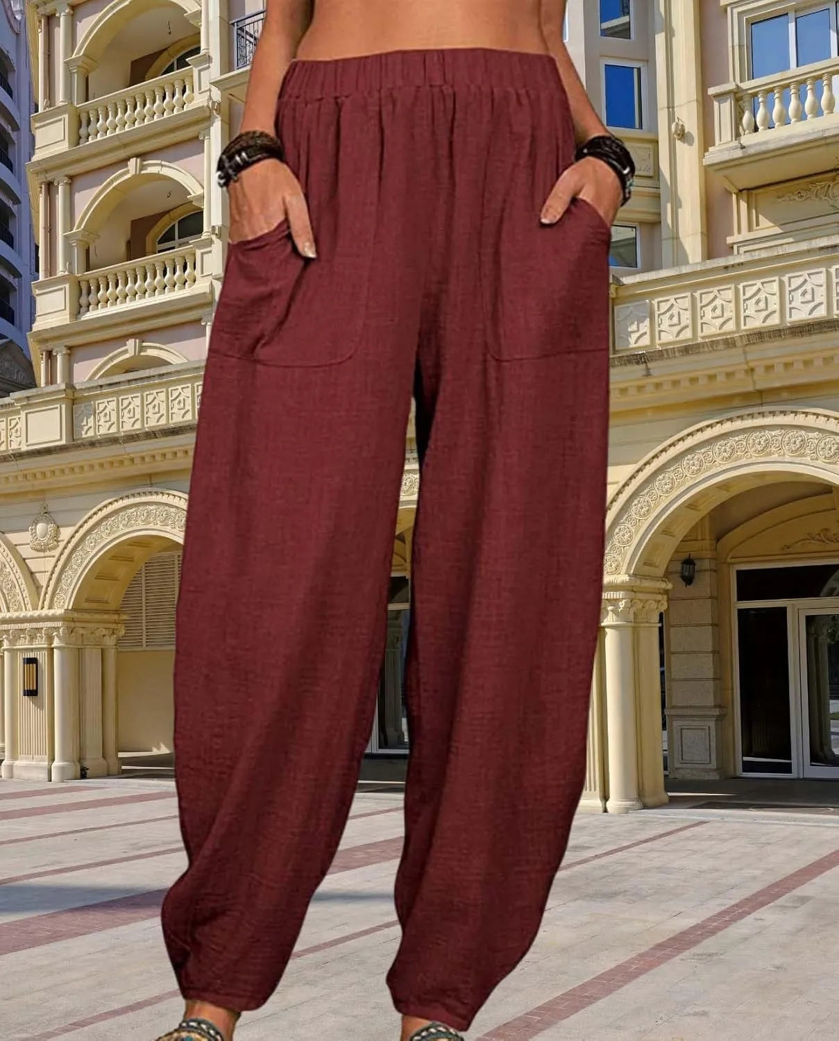 Womens Cotton Linen Harem Pants Lightweight Elastic Waist Wide Leg Yoga Pants Casual Loose Fit Trousers with Pockets