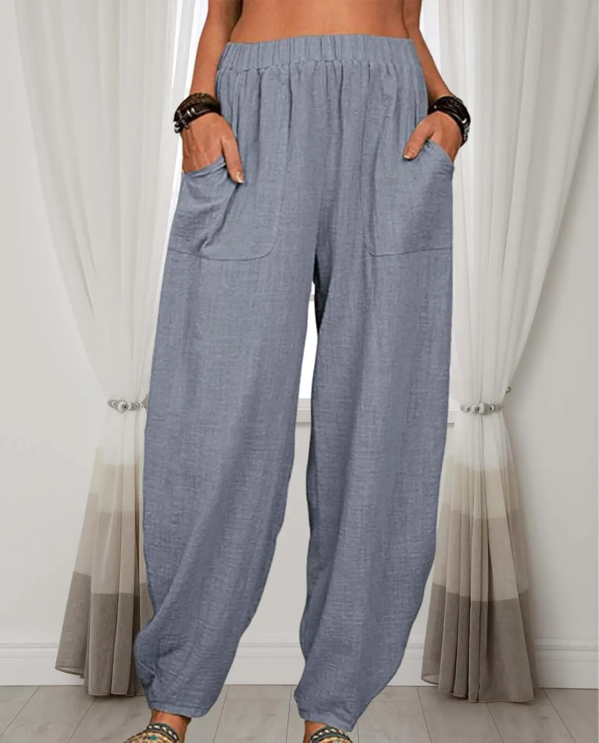 Womens Cotton Linen Harem Pants Lightweight Elastic Waist Wide Leg Yoga Pants Casual Loose Fit Trousers with Pockets