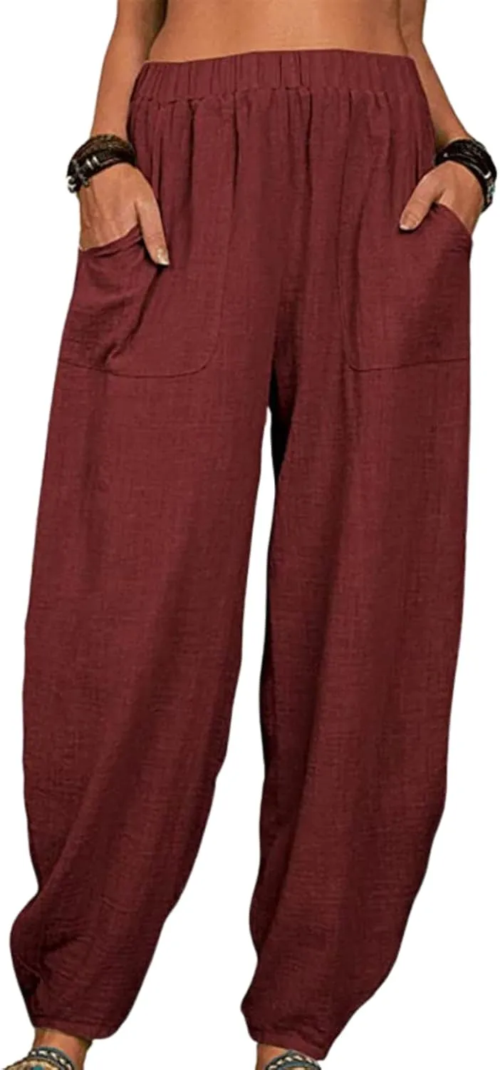 Womens Cotton Linen Harem Pants Lightweight Elastic Waist Wide Leg Yoga Pants Casual Loose Fit Trousers with Pockets