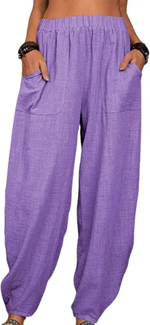 Womens Cotton Linen Harem Pants Lightweight Elastic Waist Wide Leg Yoga Pants Casual Loose Fit Trousers with Pockets