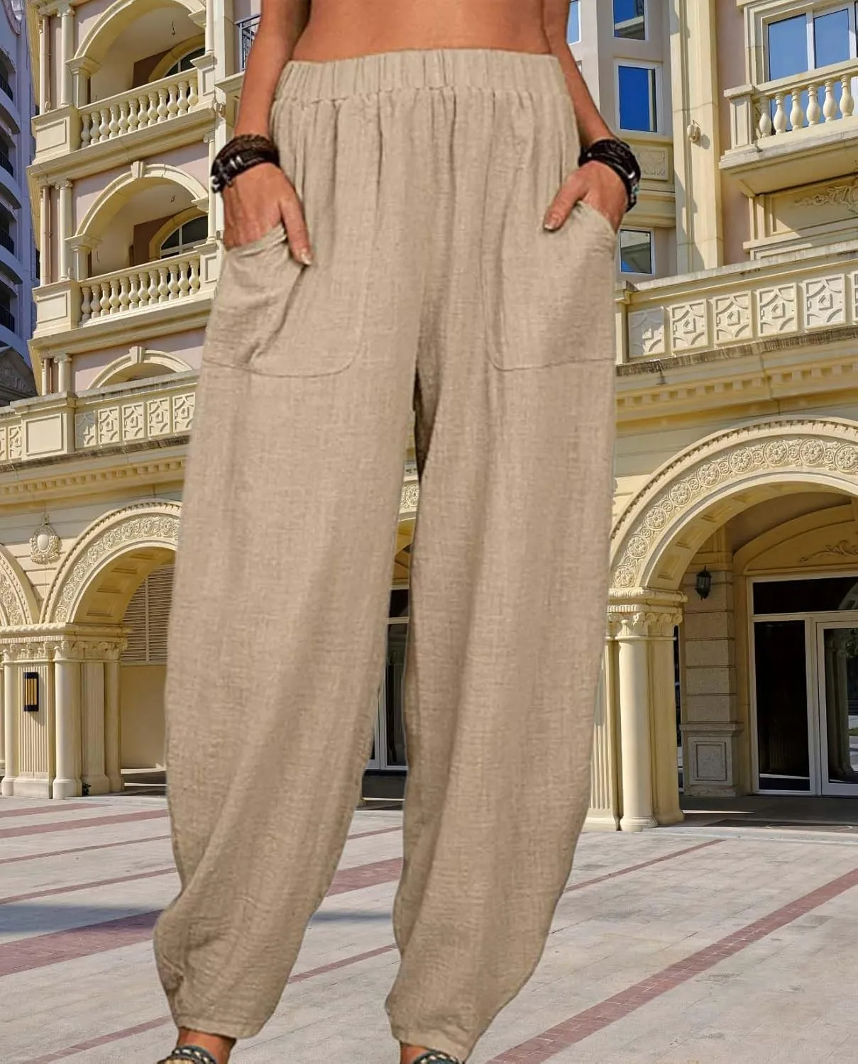 Womens Cotton Linen Harem Pants Lightweight Elastic Waist Wide Leg Yoga Pants Casual Loose Fit Trousers with Pockets
