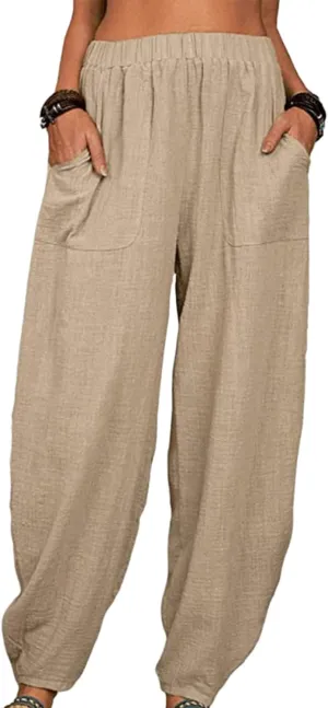 Womens Cotton Linen Harem Pants Lightweight Elastic Waist Wide Leg Yoga Pants Casual Loose Fit Trousers with Pockets