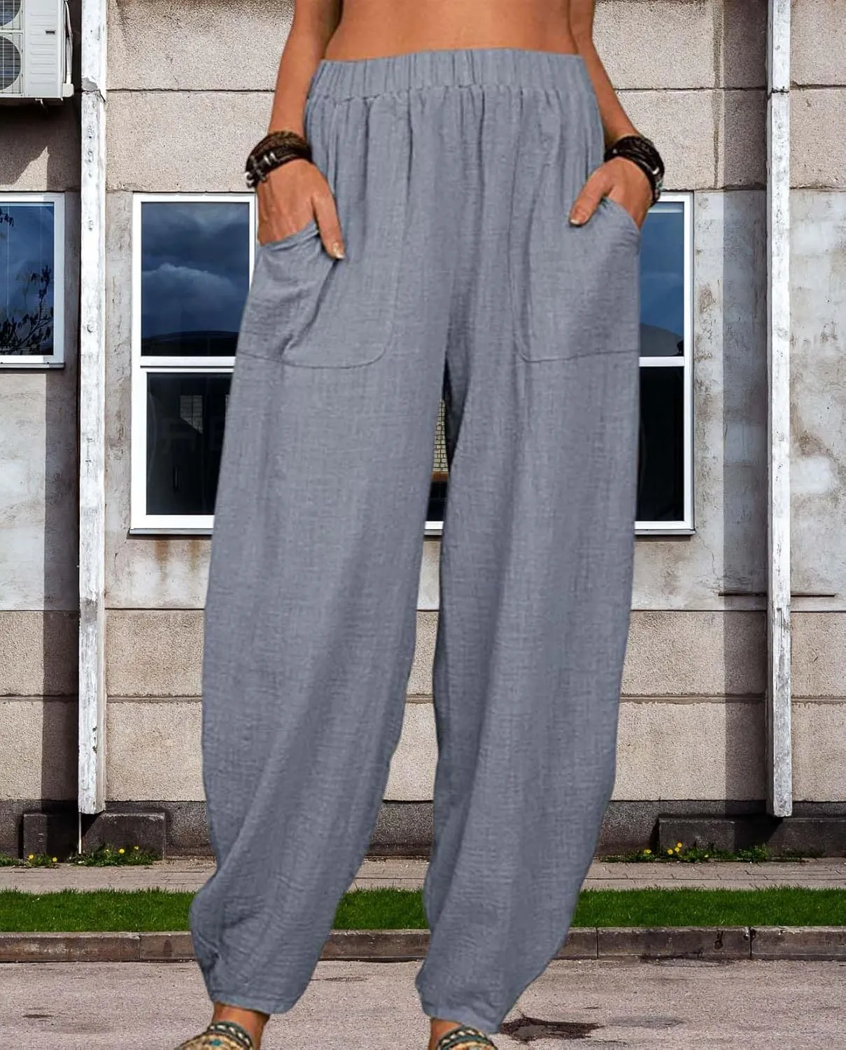 Womens Cotton Linen Harem Pants Lightweight Elastic Waist Wide Leg Yoga Pants Casual Loose Fit Trousers with Pockets