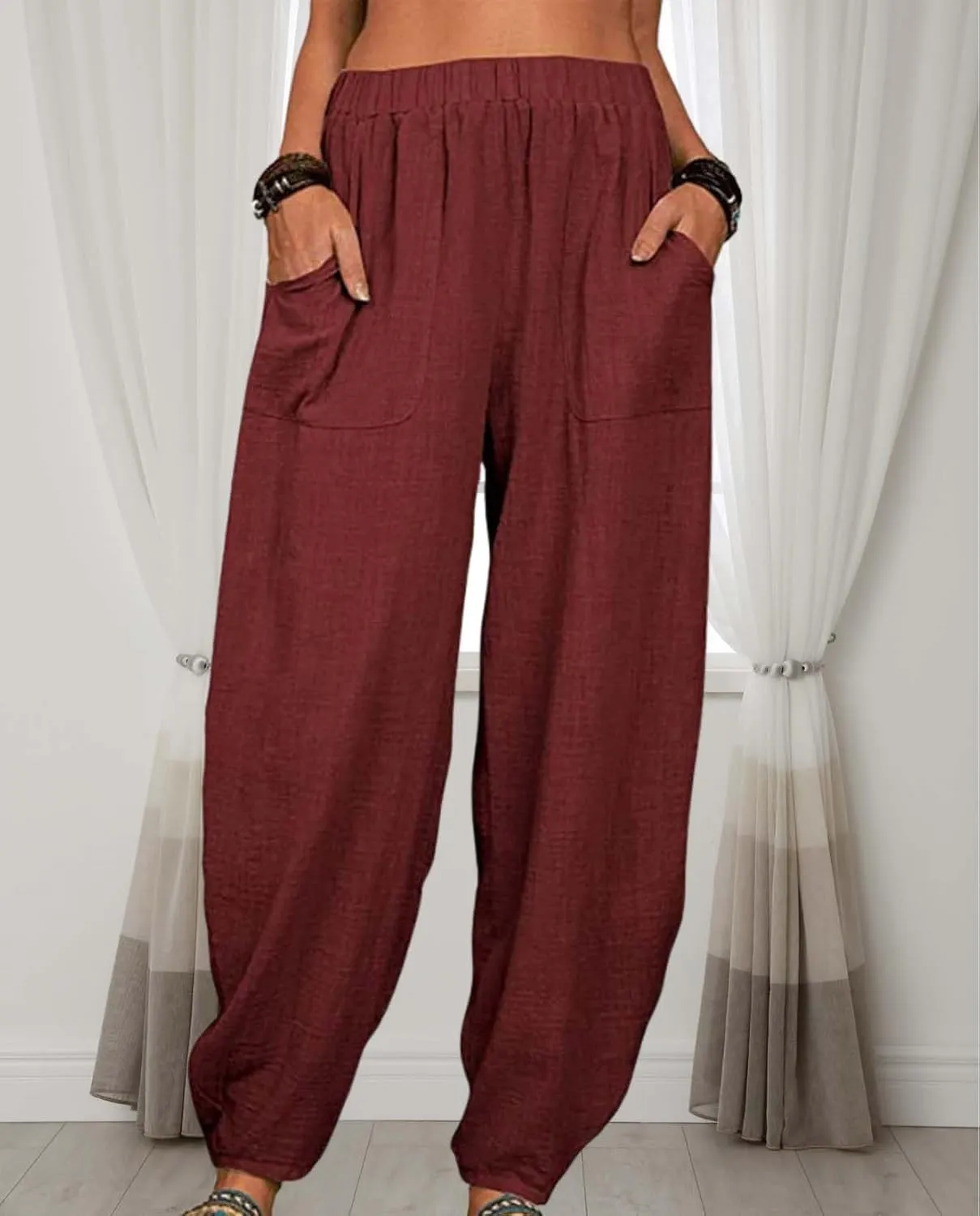 Womens Cotton Linen Harem Pants Lightweight Elastic Waist Wide Leg Yoga Pants Casual Loose Fit Trousers with Pockets